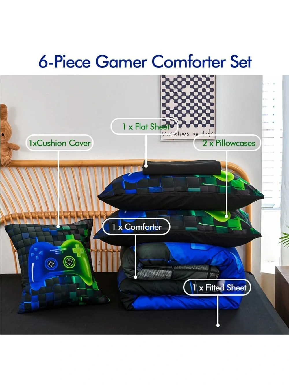 Neon Blue & Green Gamer Controller Comforter Set - Youth Bedding